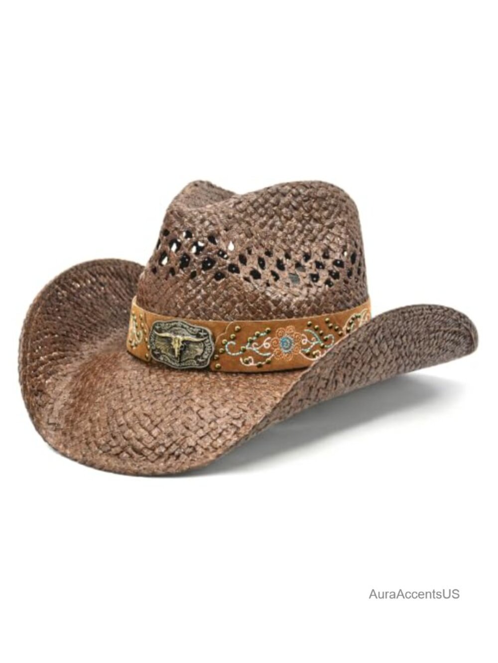 Woven Straw Cowboy Hat Teardrop Western Cowgirl Sun Hat Wide Brim